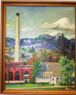 Painting depicting a white house next to a red factory with a tall white smokestack in from of a landscape of hills and mountains.