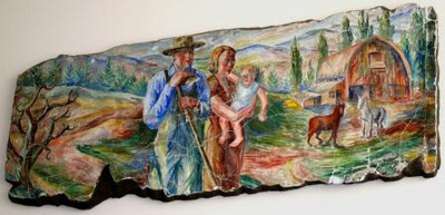 Fresco mural of a man holding a hoe and a woman holding a child in front of a barn and a pair of horses in a landscape of hills and trees.