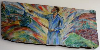 Fresco mural of a man in a blue coat surrounded by sweeping colors in front of a landscape of hills, trees, and fields.