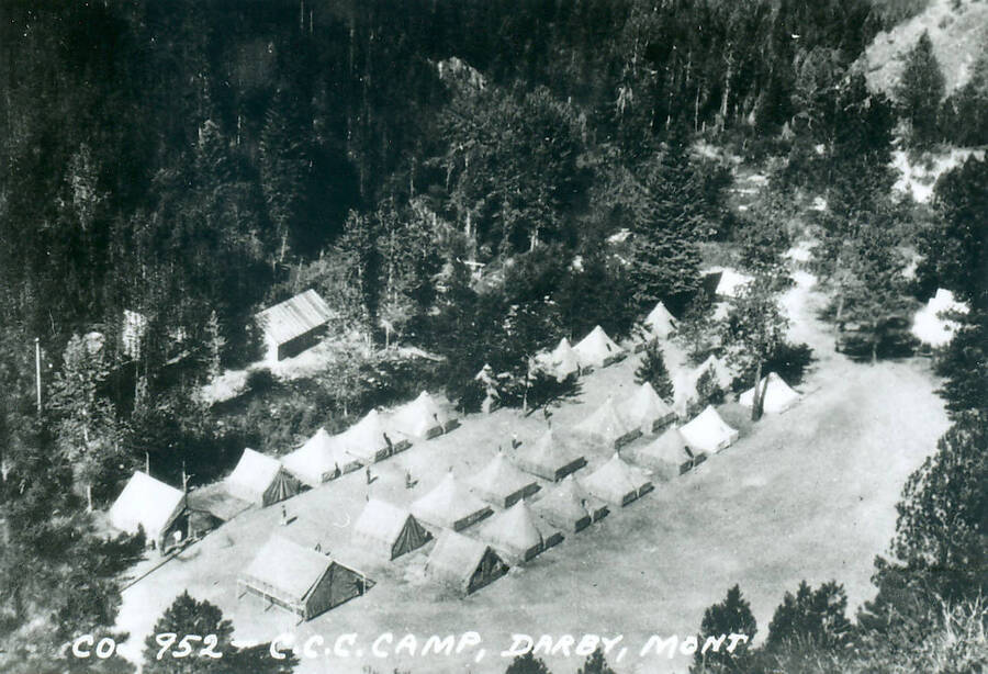 Birds-eye view of tents and buildings at Camp Deep Creek.