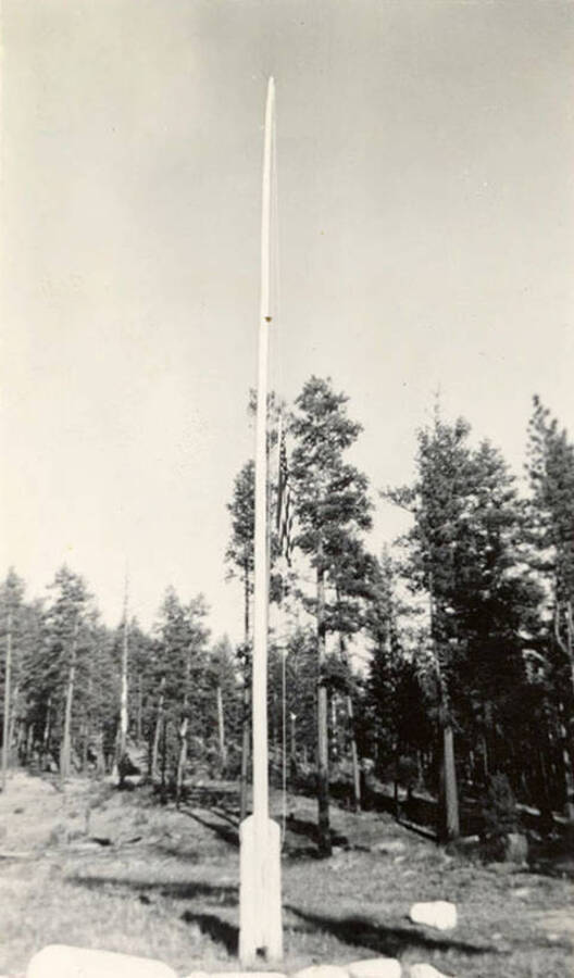 Flag on a flagpole at half-mast with trees in the background. Writing below the photo reads: 'At half mast'.