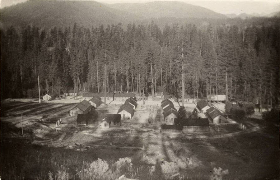 Overview of CCC Camp South Fork, F-168. Writing under the photo reads: 'Camp F-168'.