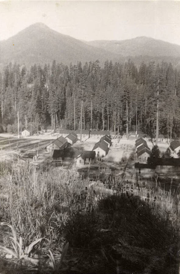CCC Camp overview, likely South Fork F-168. Writing under the photo reads: 'Camp'.