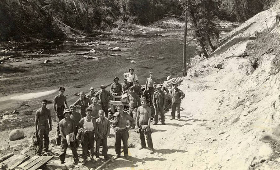 A CCC work crew on the Salmon River road. Writing under the photo reads: 'Bill's Crew'.