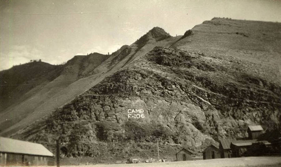 Mountain outside of the CCC Camp with a geoglyph reading: 'CAMP F-106'.