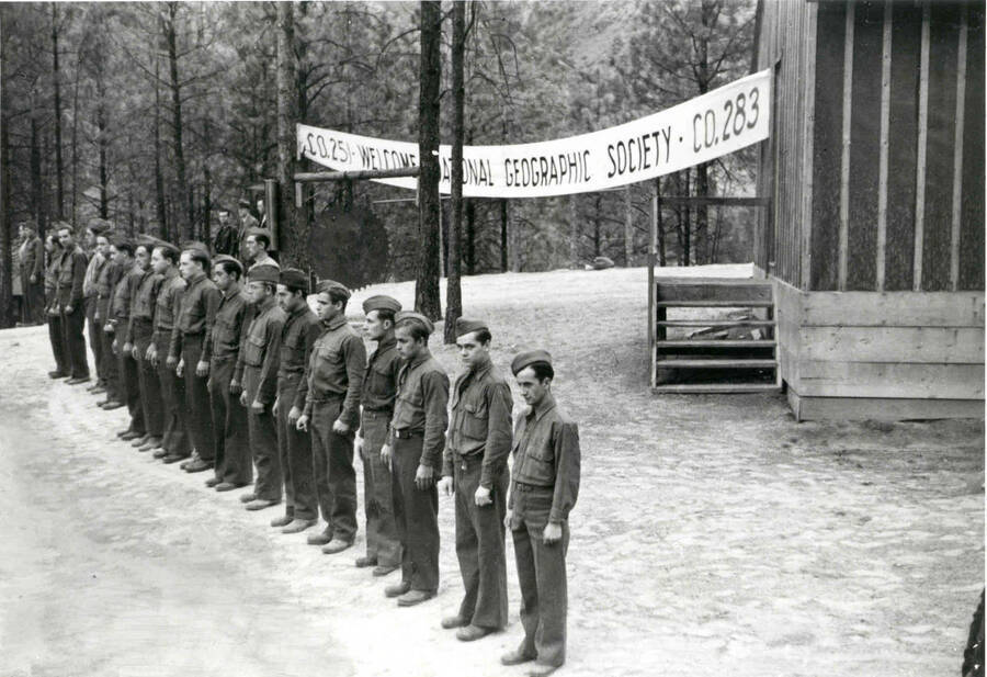CCC Companies 251 and 283 standing at attention to welcome the National Geographic Society at the French Creek CCC Camp.