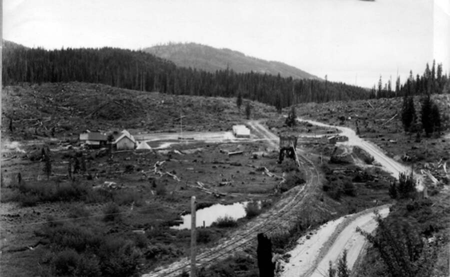 Overview of Clearwater White Pine Blister Rust CCC Camp and surrounding area. The area around the camp has been cleared of timber, but there is a forested hill in the background. Writing on the photo reads: 'White Pine Blister Rust  Camp 6 Figure 9'.