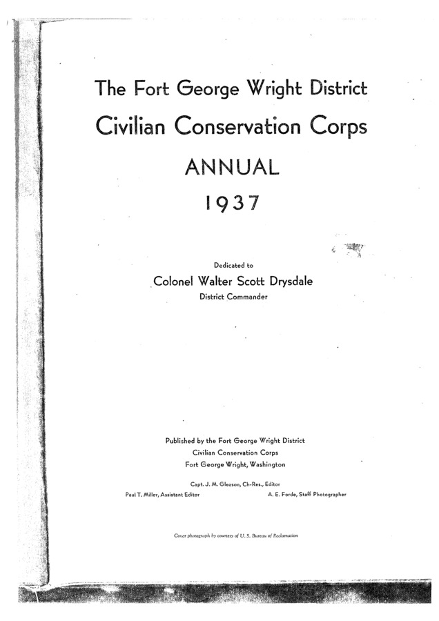 Copies made from a book detailing the history of the CCC in the Fort George Wright District on the St. Joe River. CCC Camps mentioned are: 'Tin Can Flats, F-187'; 'Turner Flats'; 'Packsaddle Creek'; 'Gold Creek Camp'; 'Marble Creek Camp, F-117'; 'F-120'. The pages hold many photos from the area, describe work projects done by the CCC crews, and list of officers and CCC companies that worked at the CCC camps.