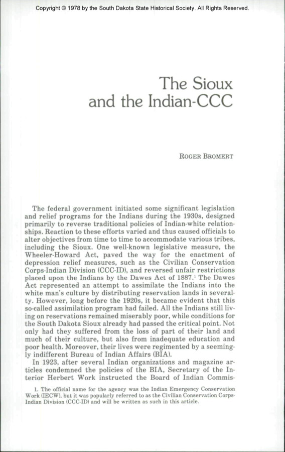 A study of the impact of the CCC-ID on the Sioux peoples in the Dakotas of the United States.