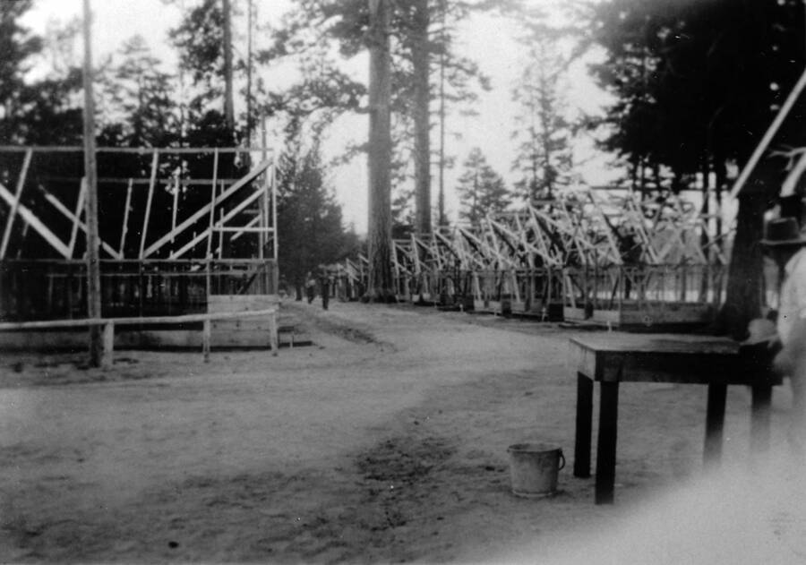Two rows of tent frames with a dirt path through the two rows. '1850.0011. CCC Camp S-223 McCall, ID 1935 Tent frames at old camp. May have been either a CCC summer camp or National Guard Camp Author: David Lyon Print (x4) (Negative in '1850 D. Lyon Negatives') 6 A, 23A, & 24A Color'.