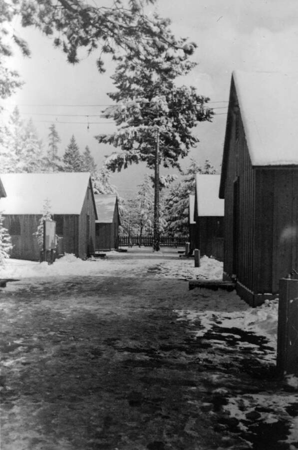 A row of two barracks covered in a layer of snow. Writing beneath the photo: '1850.0022. Company street with new snowfall, S-223, McCall, 1935'.