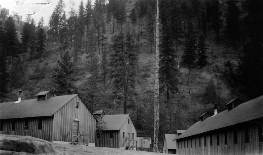 Camp French Creek, taken during a Boy Scout trip from Riggins to French Creek, circa 1935. Writing beneath the photo reads: 'Photo No. 1850.0089. Camp French Creek, Boy Scout trip, Riggins to French Creek, 1935.'