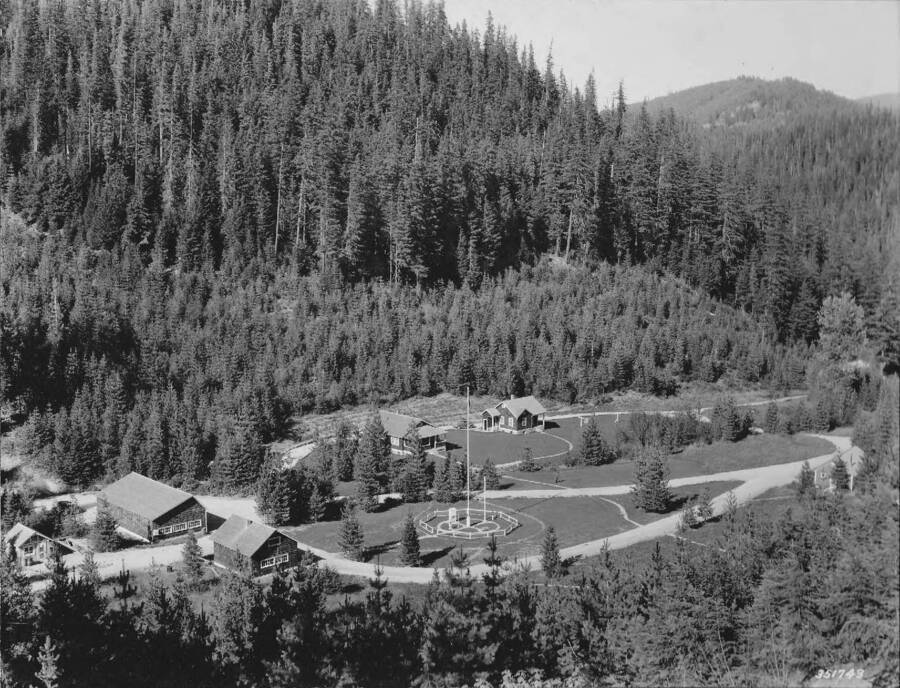 An aerial view of the Deception Creek Experimental Forest Headquarters in the Coeur D'Alene National Forest.
