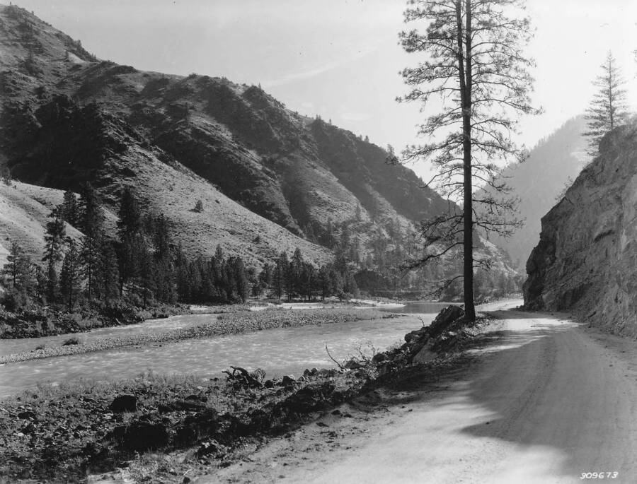 A scenic spot on the road built up on the Salmon River about 1934.