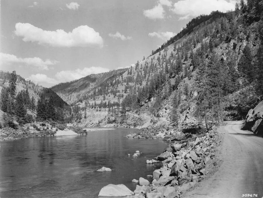 Salmon River below French Creek showing location of French Creek CCC camps and the road built by enrollees.