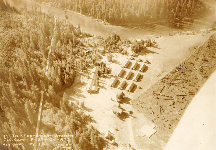 Aerial view of the Forest Experiment Station and CCC Camp F-127, Company 573, Priest River, Idaho.