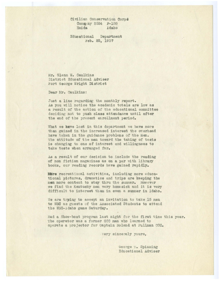 A letter from George Spinning to the Educational Department of the CCC camps to instruct them to provide men with magazines, educational films, dramatics and field-trips to influence them to stay through the summer.
