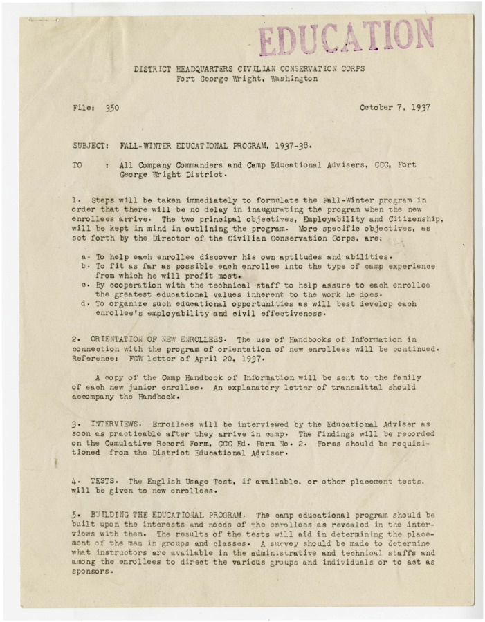 List of steps, acceptable actions and activites for educational advisers and company commanders to follow when educating CCC workers at Fort George Wright, WA.