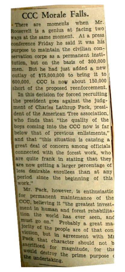 Unknown newspaper editorial describing possibility of forced recruitment into the CCC.