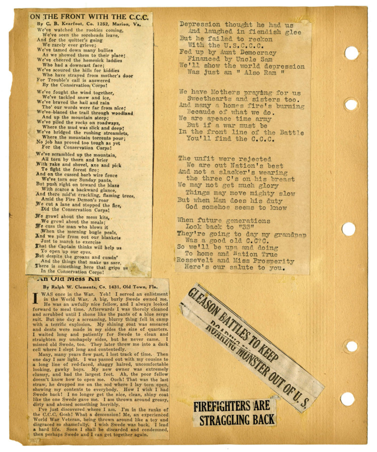 Newspaper clippings displaying song lyrics by CCC workers C.B. Kearfoot of co. 1252 and Ralph W. Clements of co. 1431.