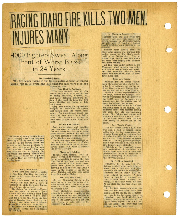 Associated Press story about a fire in Selway National Forest that killed two CCC enrollees, LeRoy McGinnis, Kewanee, Ill. and Lester Johnson, Galesburg Ill., and burned over 10,000 acres of timber.