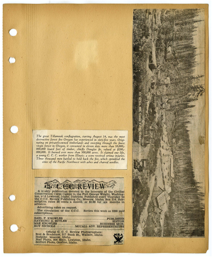 Clippings and a photograph from the C.C.C. Review depicting the great Tillamook conflagration, a 1933 forest fire that burned over 300,000 acres and killed one CCC worker.