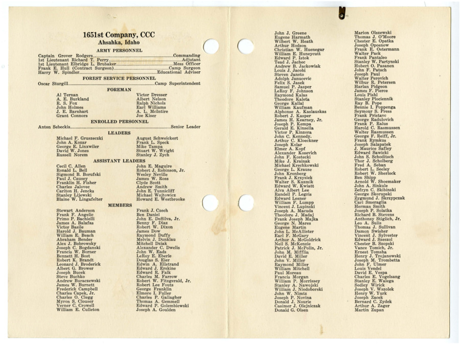 Complete roster of Company 1651 at Camp Dent, including army and forest service personnel, foremen, leaders, assistant leaders and members.