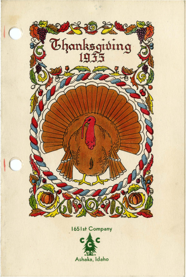 Cover and inner-flap of Thanksgiving menu that includes several serving options for workers.
