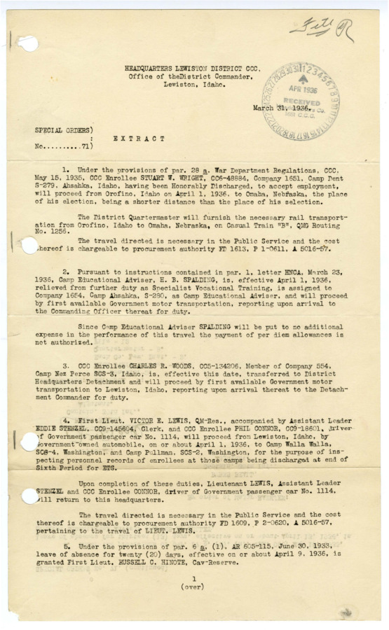 Orders from Lewiston District CCC Headquarters outlining the Honorable Discharge of enrollee Stuart W. Wright and the several promotions and job changes for others resulting from it.