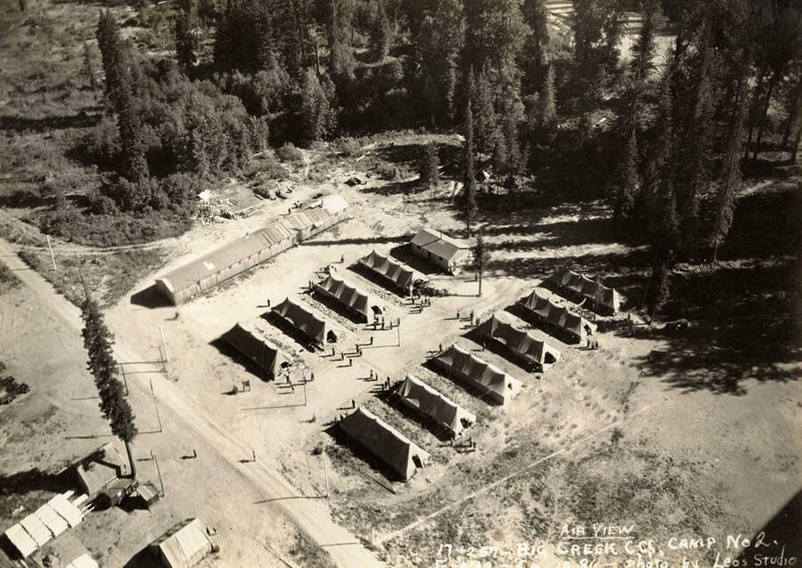 Aerial view of the CCC Camp Big Creek 2, F-132. Writing on the photo reads: 'Air View 17-257- Big Creek CCC Camp Number 2. F-132 Company 1236. Photo by Leo's Studio'.