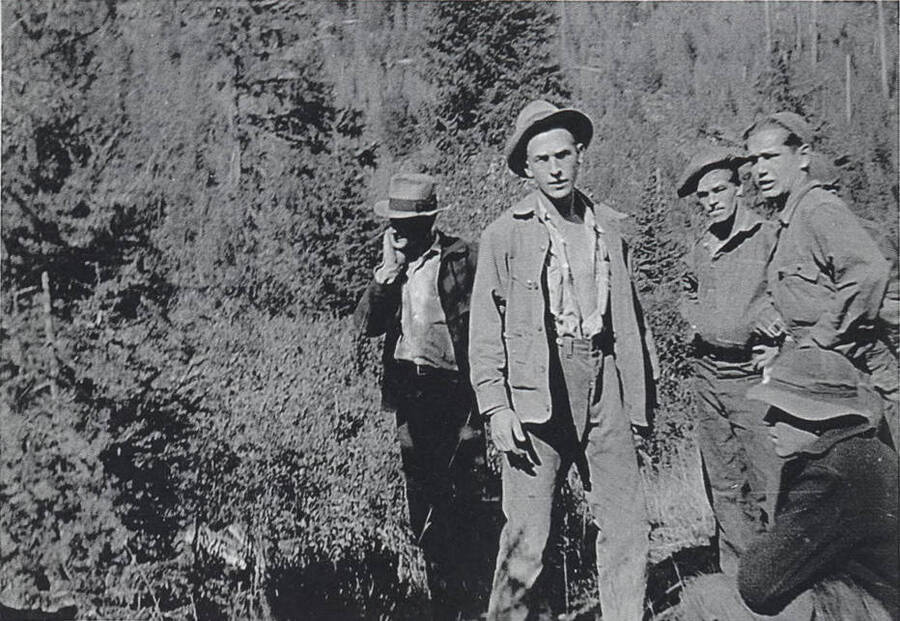 A candid group photograph of some Forestry foremen. Subjects in image: Percy, Frank; Bartell, Bob.
