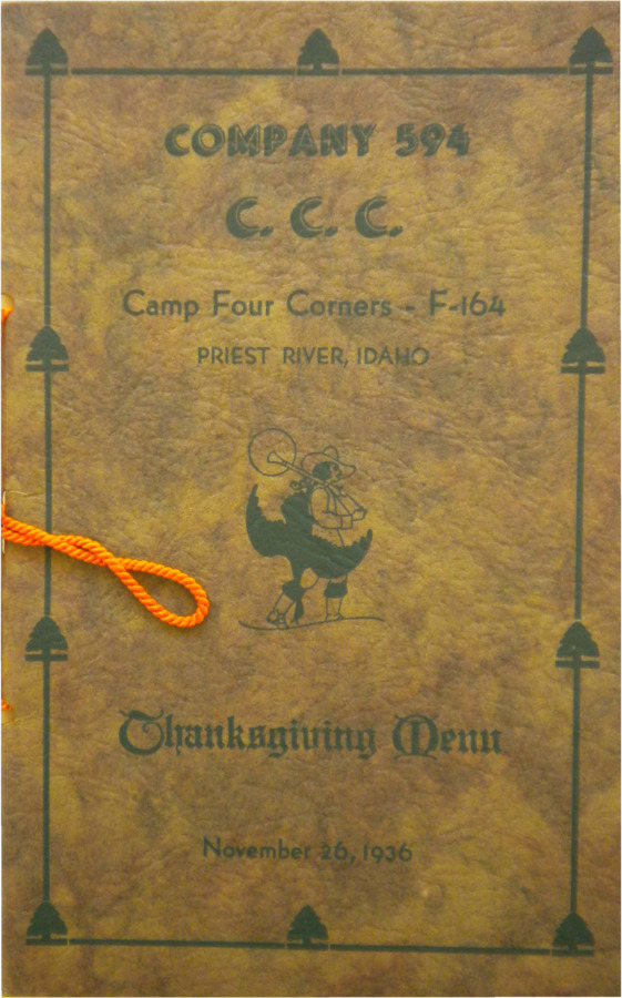A copy of the Thanksgiving Day Menu at camp F164 in Priest River, Idaho, November 26, 1936.