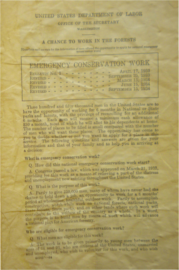 A chance to work in the forest', a recruitment pamphlet published by the United States Department of Labor. This is the revised edition from September 15, 1934.
