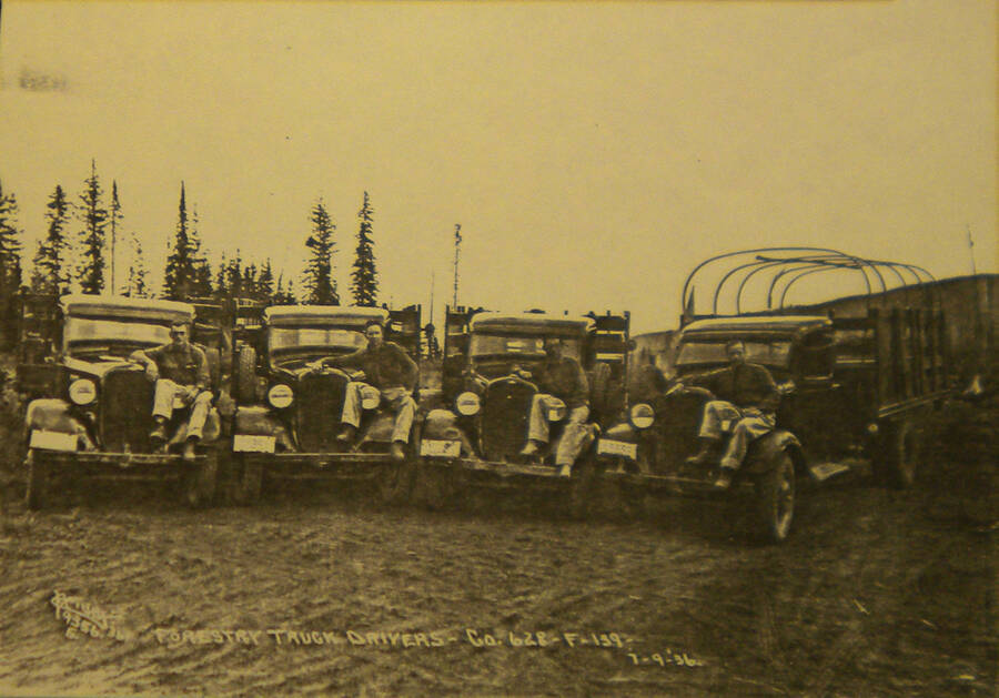 CCC forestry truck drivers in Bovill, Idaho, July 9, 1936.