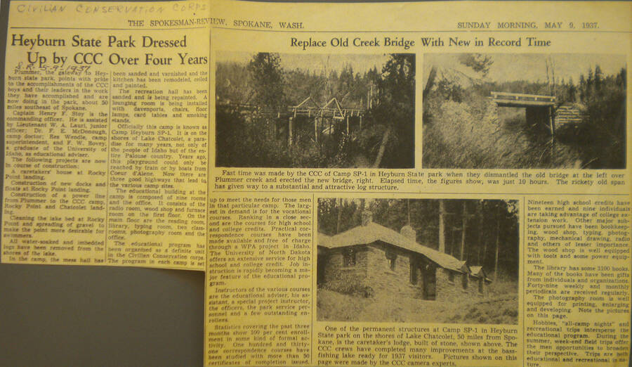 Newspaper photos and stories covering the Heyburn State Park project and progress made by the CCC.