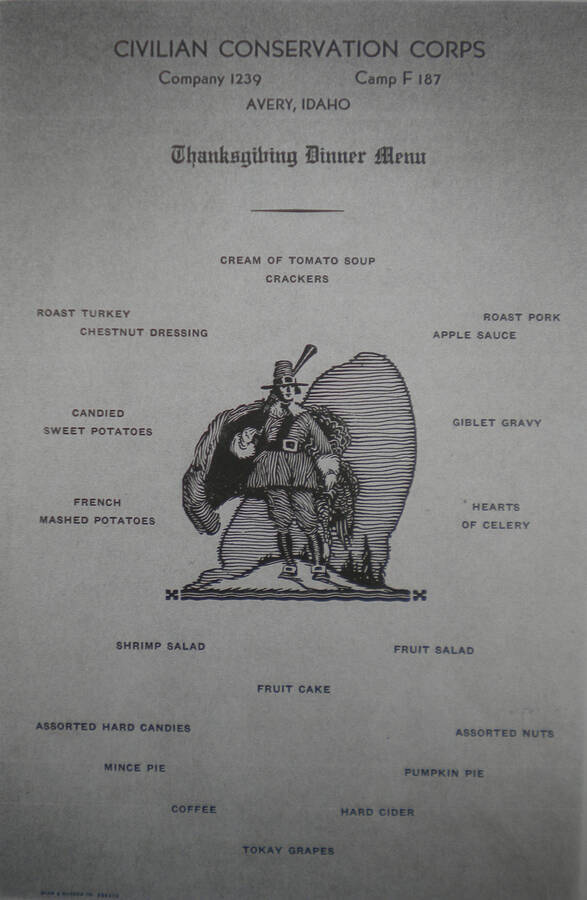 A copy of the Thanksgiving Day Menu for Company C-1239 in Avery, Idaho.