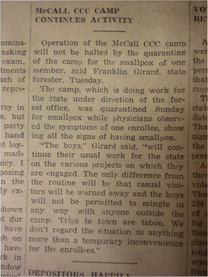 Article discussing the smallpox quarantine of the McCall CCC camp, the camp's work will not be halted.