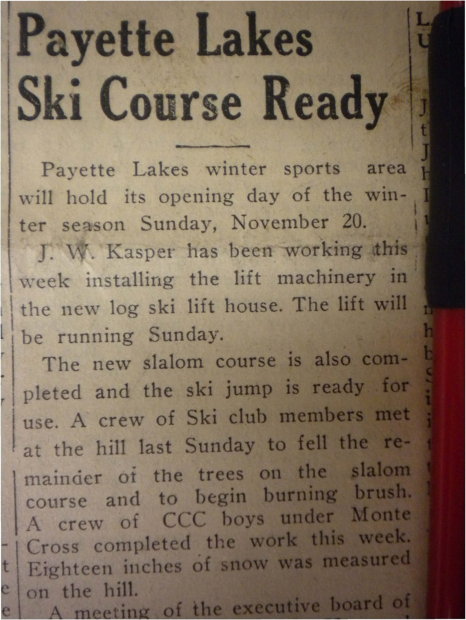 Newspaper article about how the new Payette Lakes Ski Course will be open by November 20.