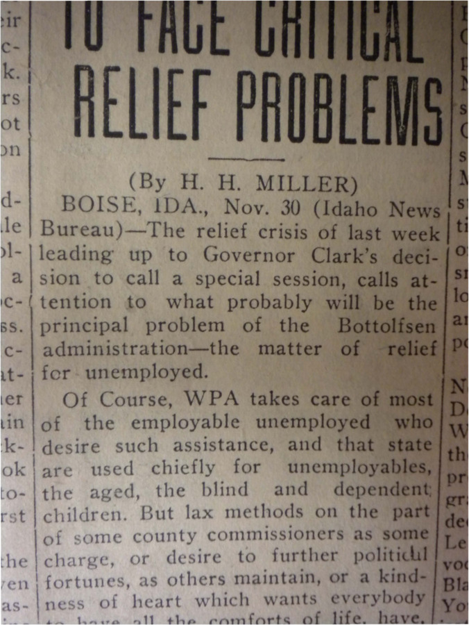 Article about the relief crisis in Idaho and how Governor Clark is handling the relief for the unemployed.