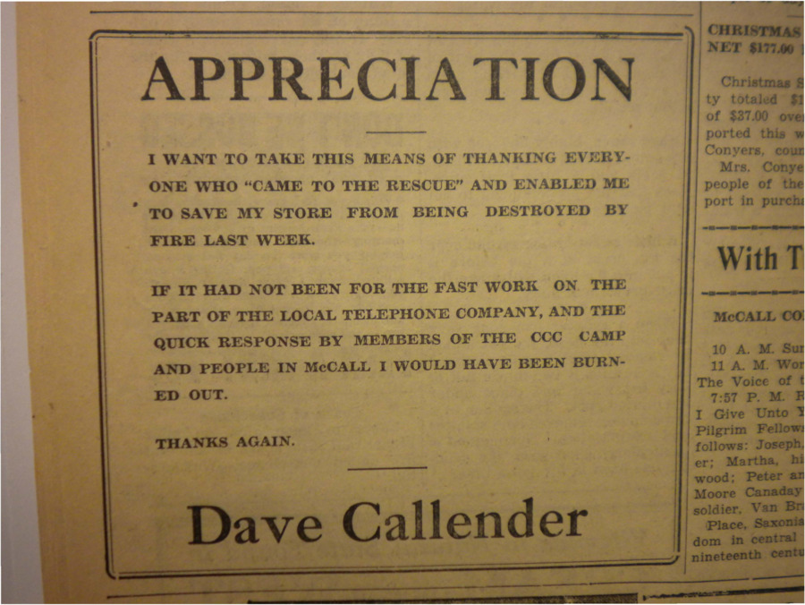 Appreciation ad from Dave Callender, thanking everyone who saved his store from fire.