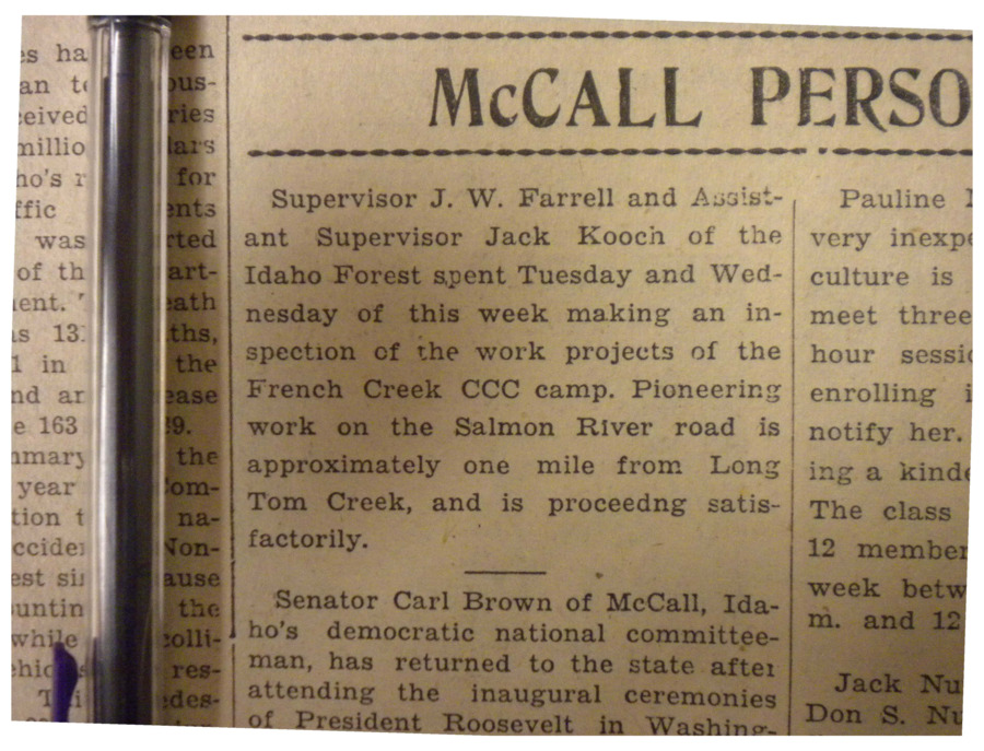 Personal about J.W. Farrell and Assistant Supervisor Jack Kooch's inspection of the French Creek CCC Camp.
