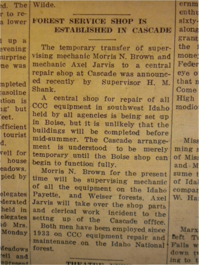 Short piece about the temporary establishment of a CCC service shop, where mechanics and equipment are repaired, in Cascade
