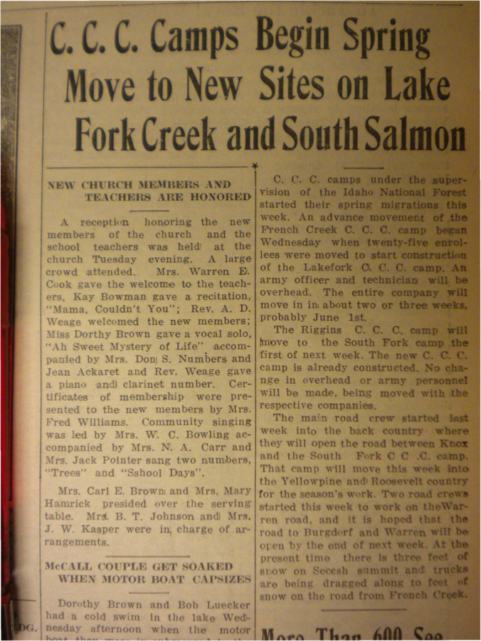 Article about the spring migrations of the French Creek and Riggins CCC camps for the purpose of constructing new camps and roads.