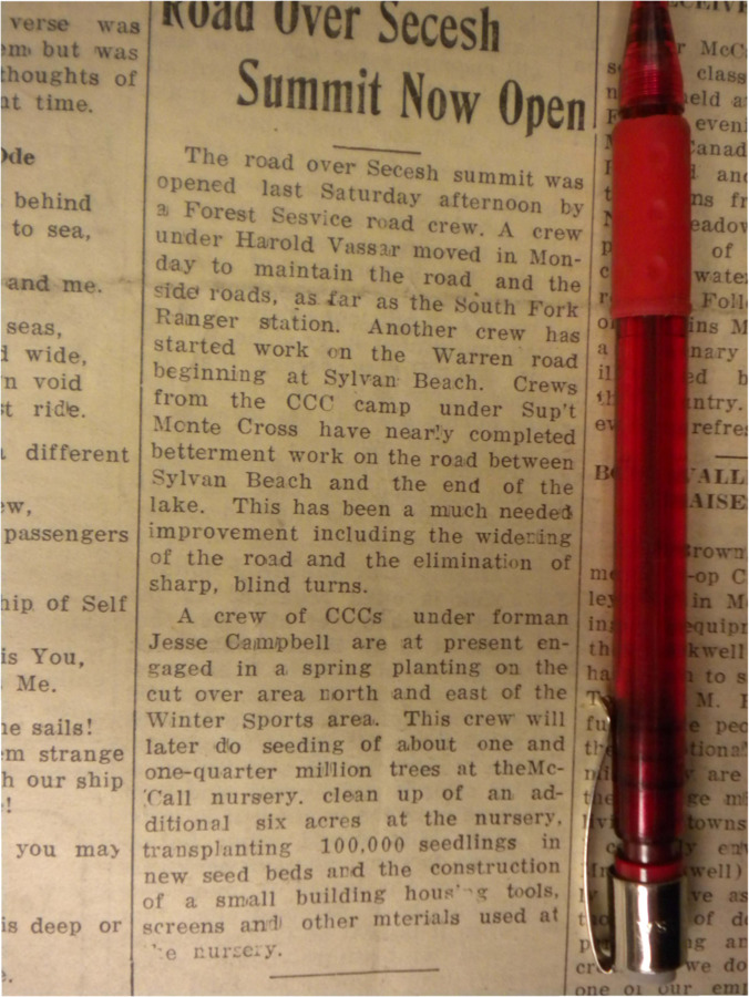 Column about the opening of the road over Secesh Summit and spring planting near the Winter Sports area by CCC workers.