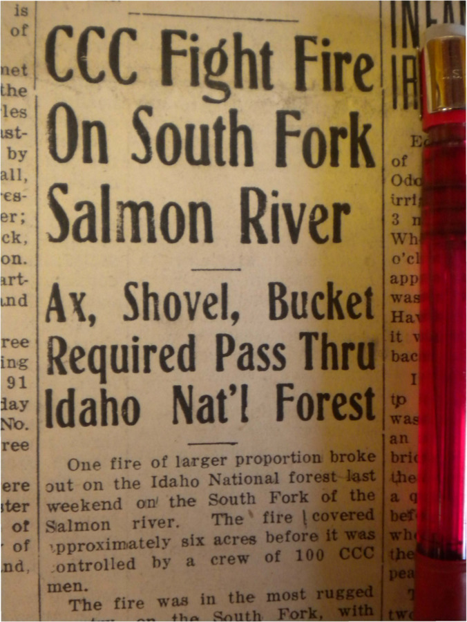 Short piece about fire danger in the state, particularly about a six-acre blaze in South Fork that took 100 CCC men to extinguish.
