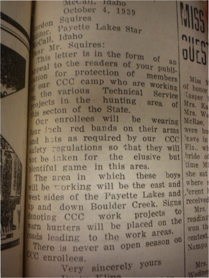 Letter to the Payette Lakes Star appealing to readers of the paper to watch out for CCC workers while hunting.