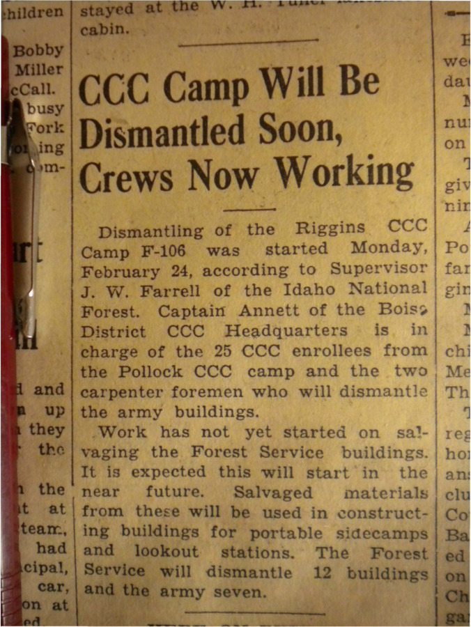 Short piece about the dismantling of the Riggins CCC camp by Capt. Annett of the Boise District and his 25 CCC enrollees from the Pollock CCC camp.
