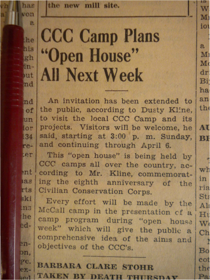 Blurb educating the public on a national 'open house' of CCC camps to commemorate the program's eighth anniversary.