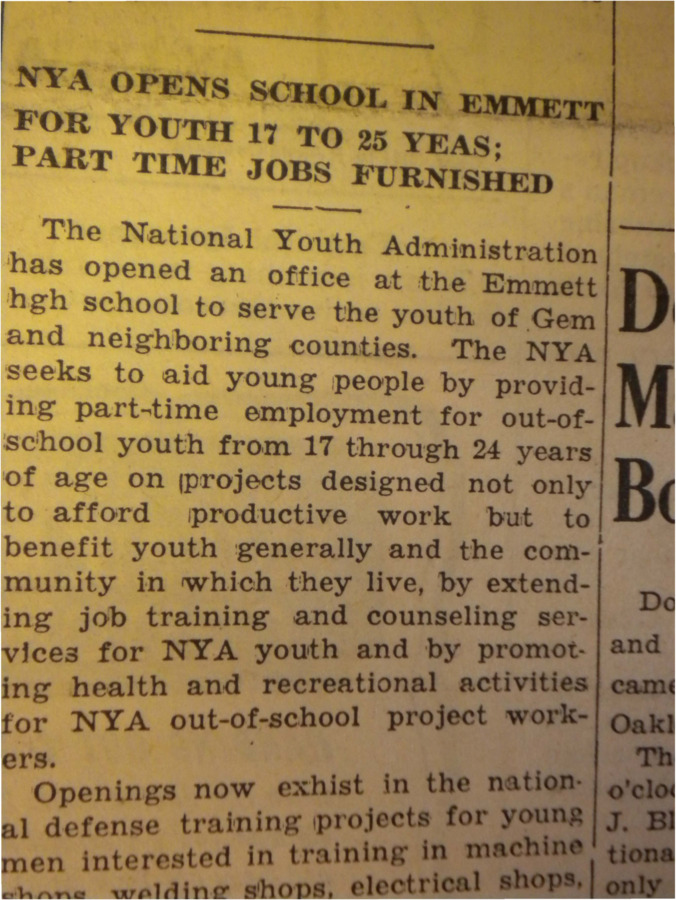 Article about the National Youth Administration's opening of an office at Emmett High School, with the purpose of employing out-of-school youth.