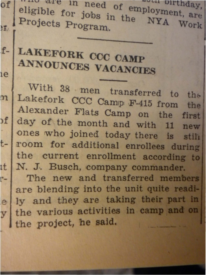Short piece about remaining openings at Lakefork CCC Camp F-415, despite 38 men having been recently transferred.